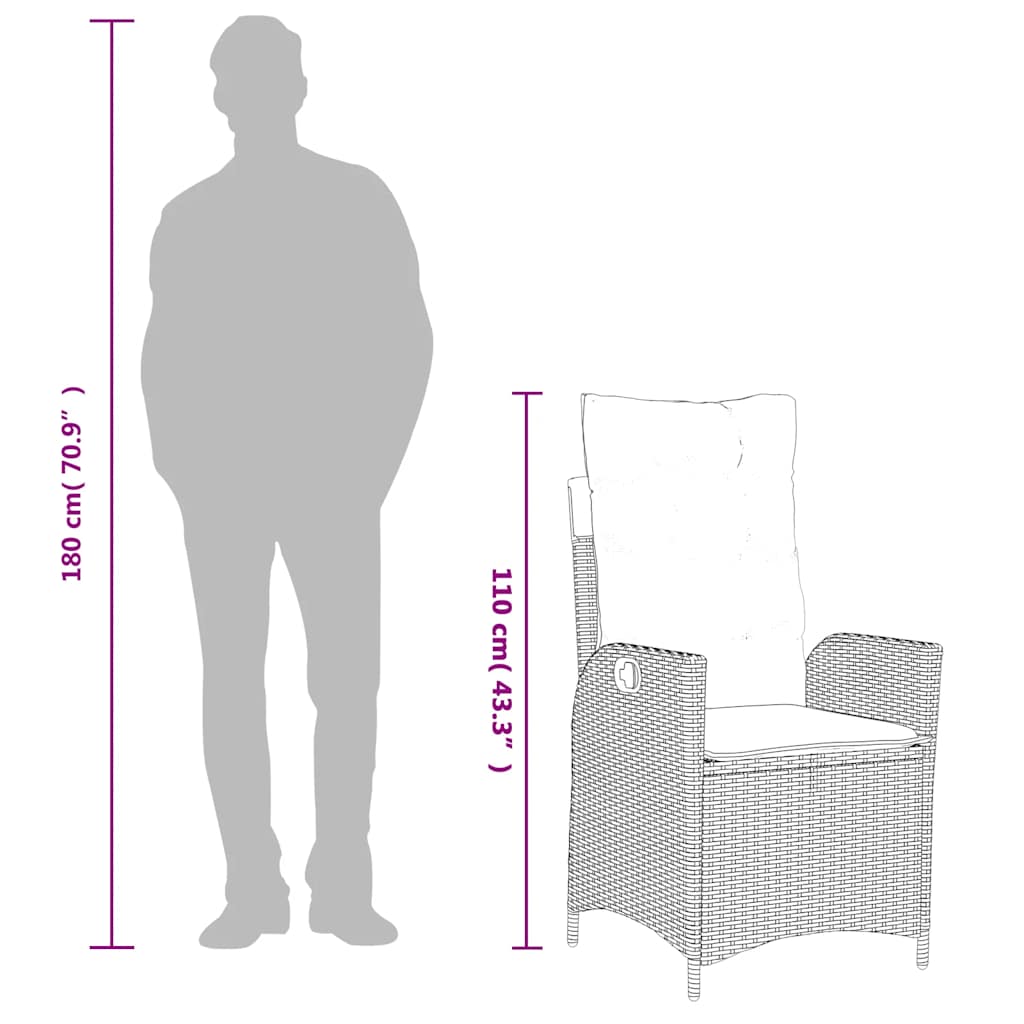 havestol med hynder justerbart ryglæn polyrattan grå