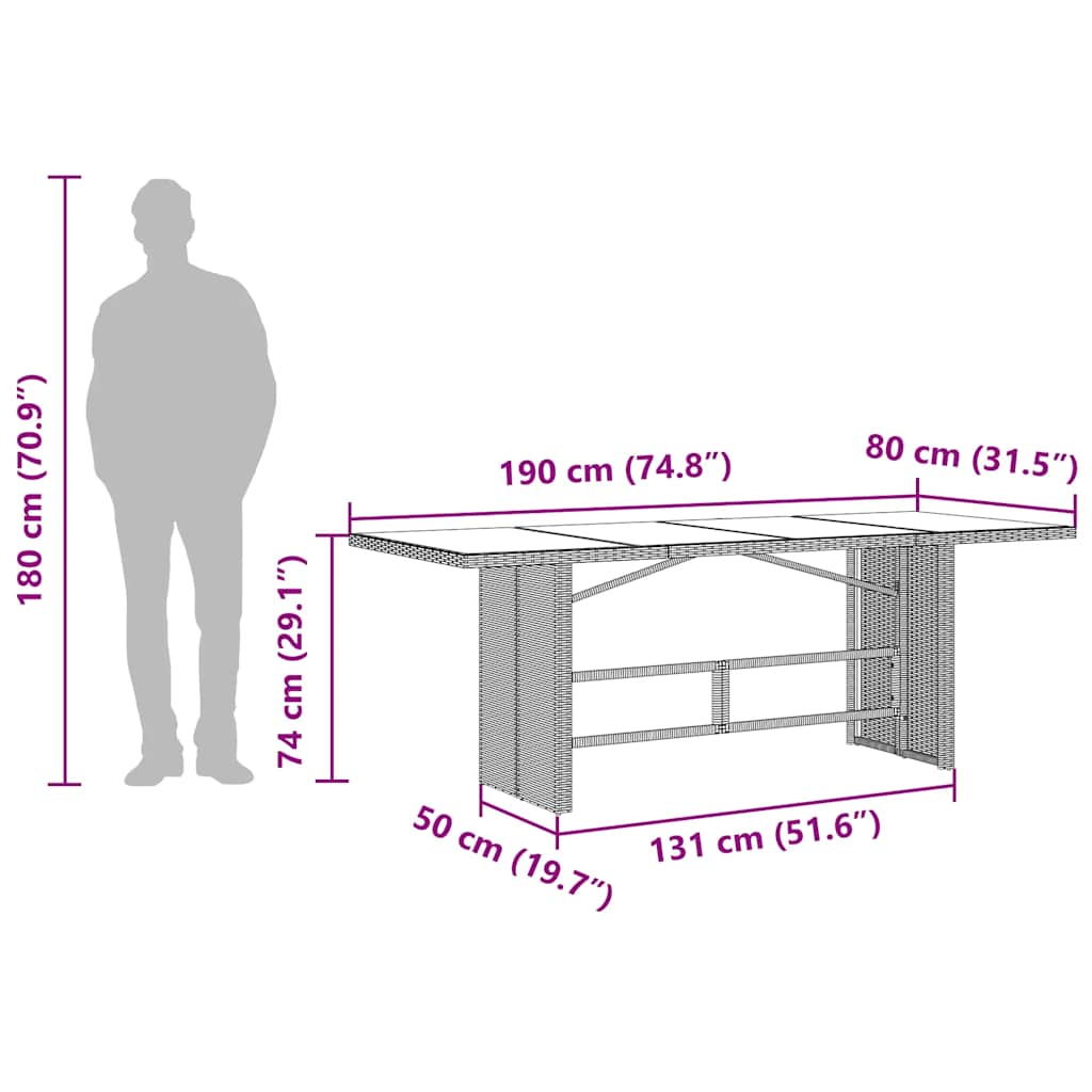 havebord med glastop 190x80x74 cm polyrattan sort
