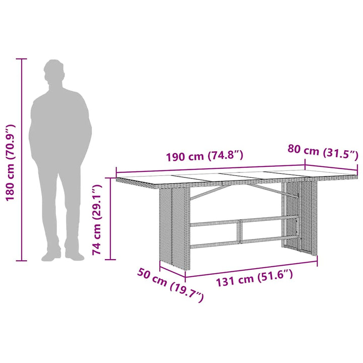 havebord med glastop 190x80x74 cm polyrattan sort