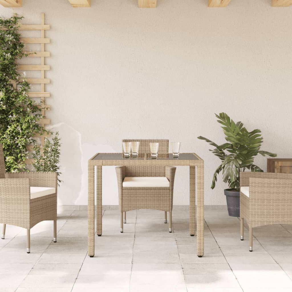 havebord med glastop 90x90x75 cm polyrattan beige