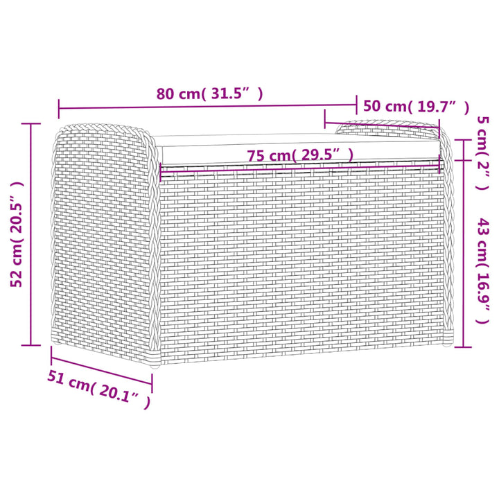 opbevaringsbænk med hynde 80x51x52 cm polyrattan brun