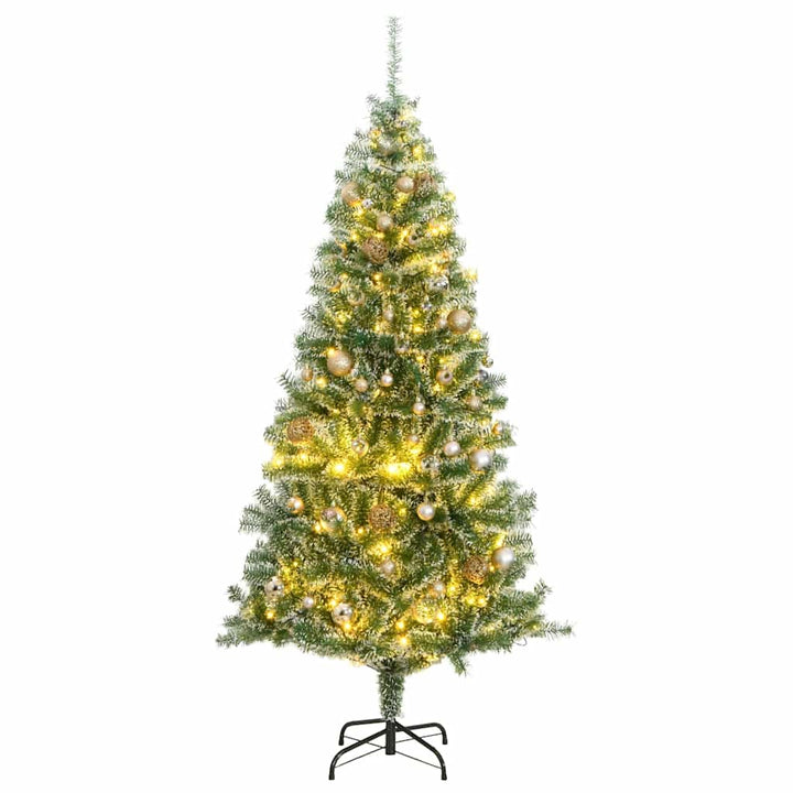 kunstigt juletræ med 300 LED'er + sne og kuglesæt 180 cm
