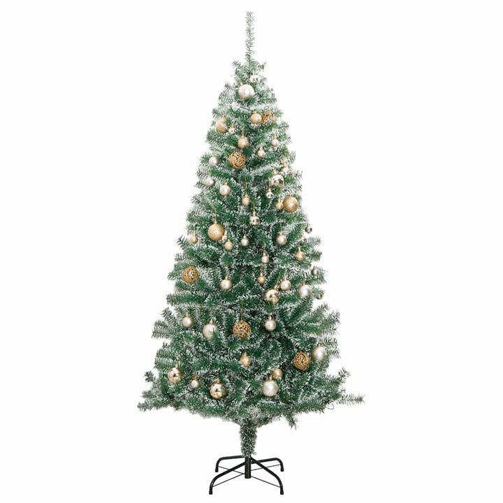 kunstigt juletræ med 300 LED'er + sne og kuglesæt 210 cm