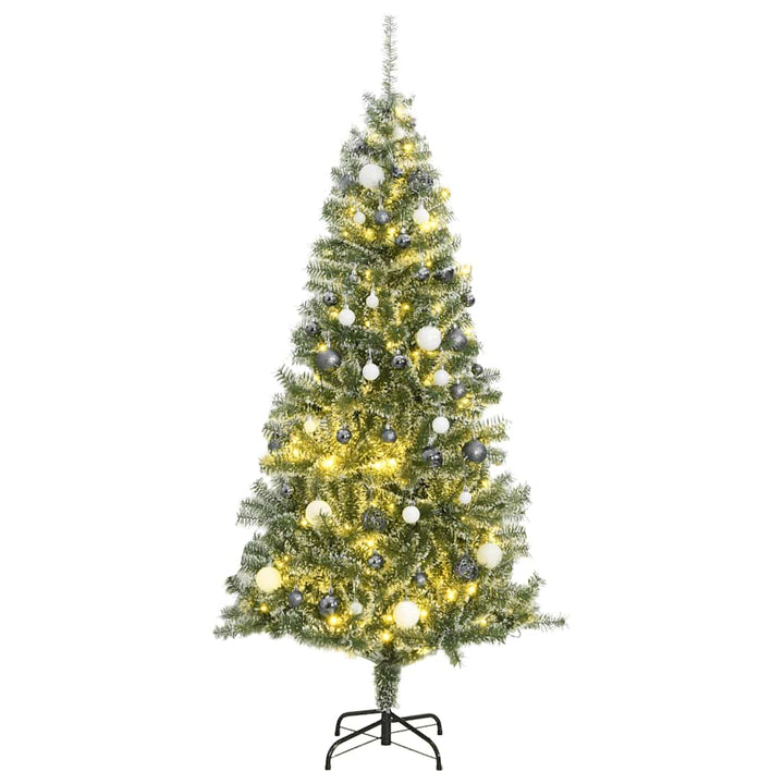 kunstigt juletræ med 300 LED'er + sne og kuglesæt 180 cm