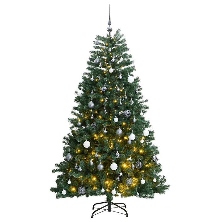 kunstigt juletræ 300 LED'er og kuglesæt hængslet 180 cm