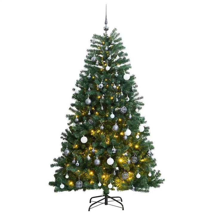 kunstigt juletræ 300 LED'er og kuglesæt hængslet 210 cm