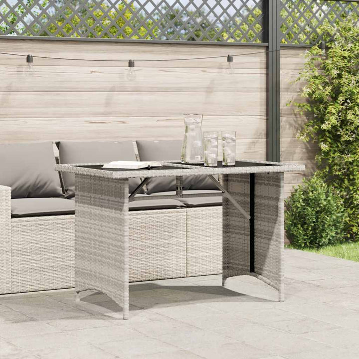 havebord med glastop 110x68x70 cm polyrattan lysegrå