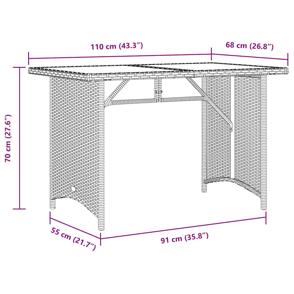 havebord med glastop 110x68x70 cm polyrattan lysegrå