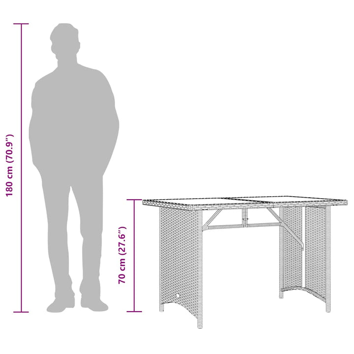 havebord med glastop 110x68x70 cm polyrattan lysegrå