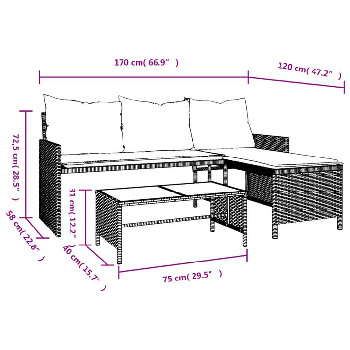 havesofa med bord og hynder L-formet polyrattan sort