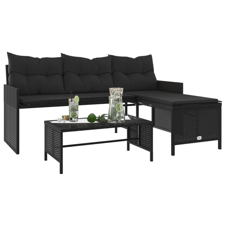 havesofa med bord og hynder L-formet polyrattan sort