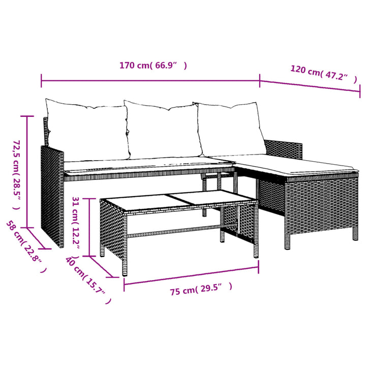 havesofa med bord og hynder L-formet polyrattan sort
