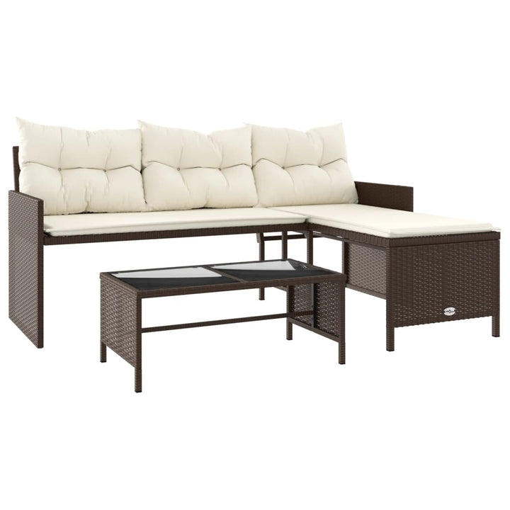 havesofa med bord og hynder L-formet polyrattan brun