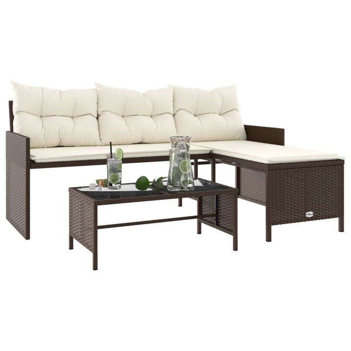 havesofa med bord og hynder L-formet polyrattan brun