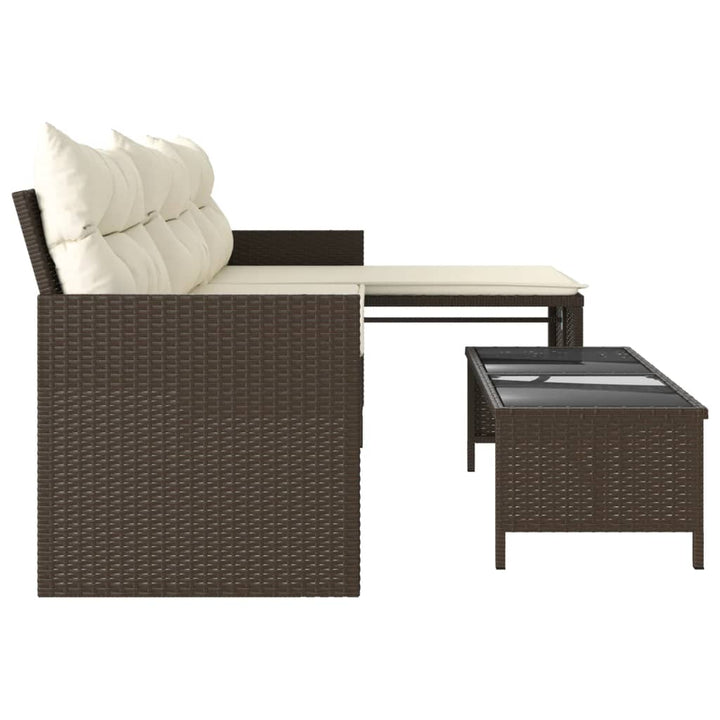 havesofa med bord og hynder L-formet polyrattan brun