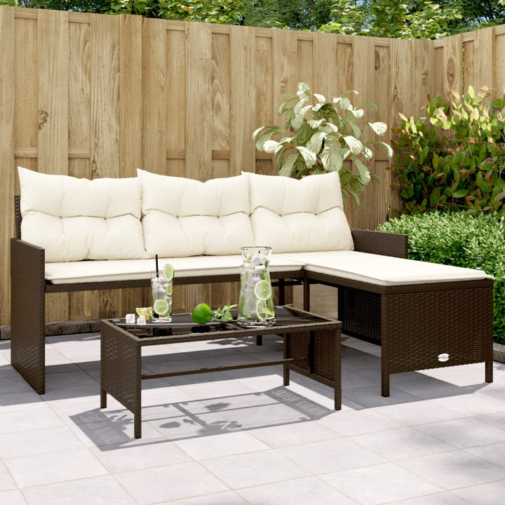 havesofa med bord og hynder L-formet polyrattan brun
