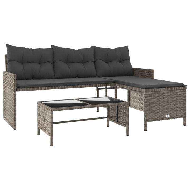 havesofa med bord og hynder L-formet polyrattan grå