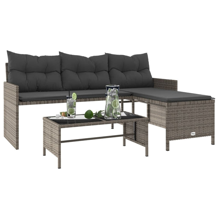 havesofa med bord og hynder L-formet polyrattan grå