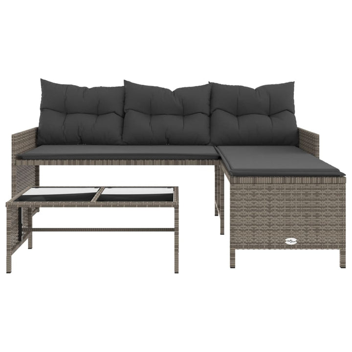 havesofa med bord og hynder L-formet polyrattan grå