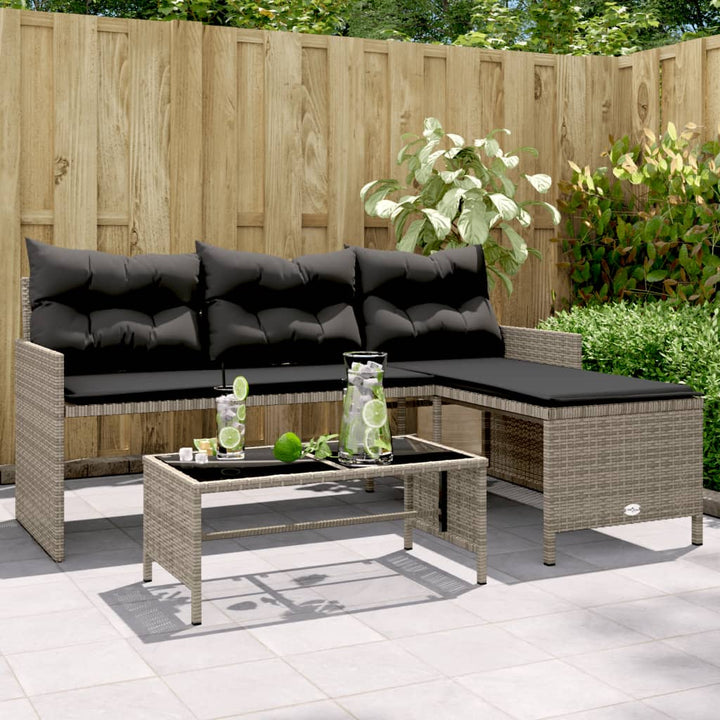 havesofa med bord og hynder L-formet polyrattan grå