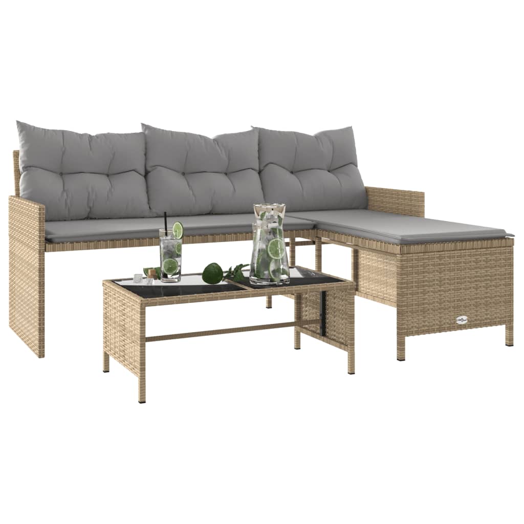 havesofa med bord og hynder L-formet polyrattan beige