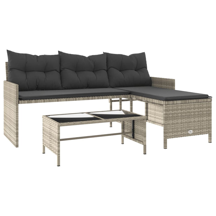 havesofa med bord og hynder L-formet polyrattan lysegrå