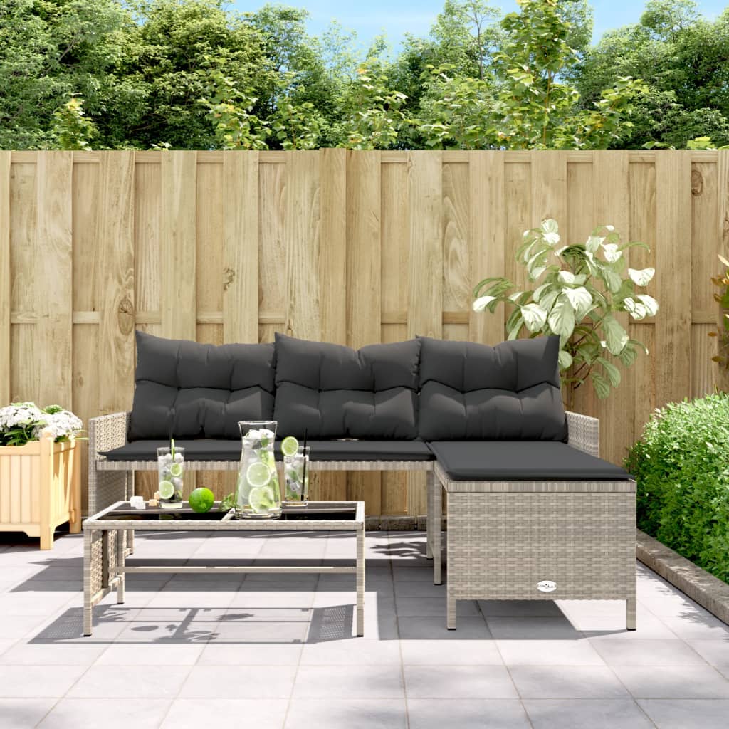 havesofa med bord og hynder L-formet polyrattan lysegrå