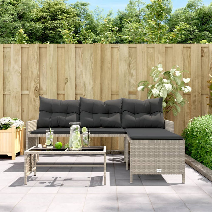 havesofa med bord og hynder L-formet polyrattan lysegrå
