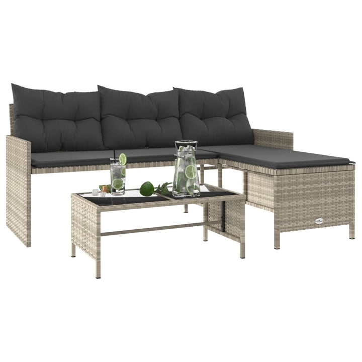 havesofa med bord og hynder L-formet polyrattan lysegrå
