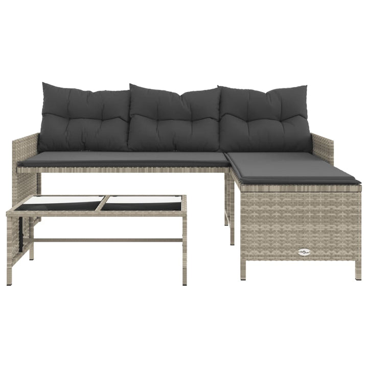 havesofa med bord og hynder L-formet polyrattan lysegrå