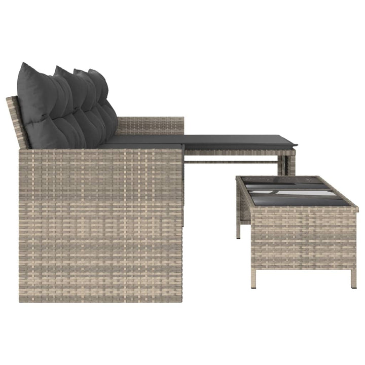 havesofa med bord og hynder L-formet polyrattan lysegrå