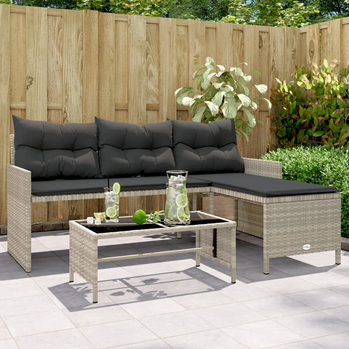 havesofa med bord og hynder L-formet polyrattan lysegrå