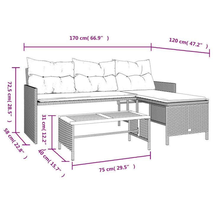 havesofa med bord og hynder L-formet polyrattan sort