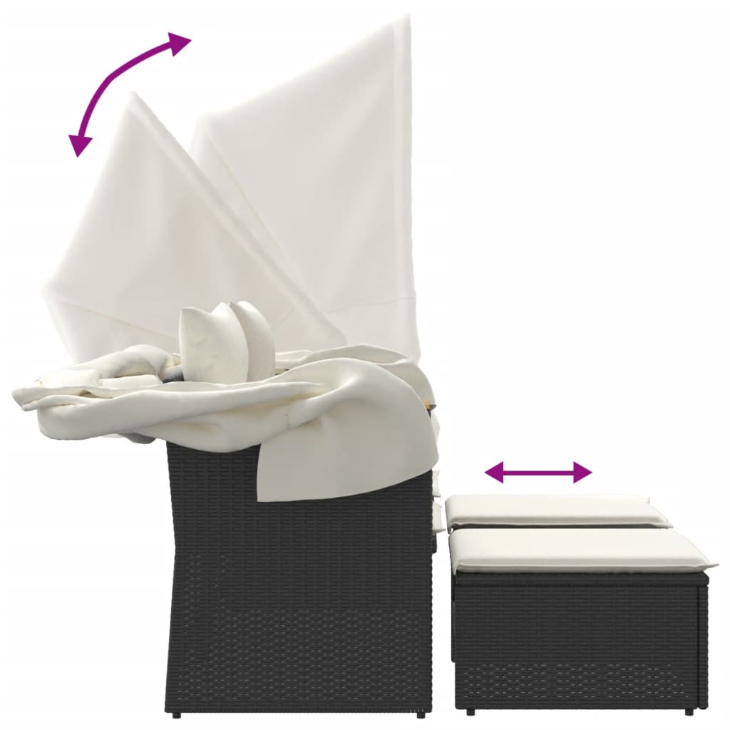 2-personers havesofa med baldakin og skamler polyrattan sort