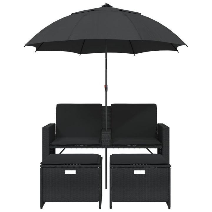 2-personers havesofa med parasol og skamler polyrattan sort