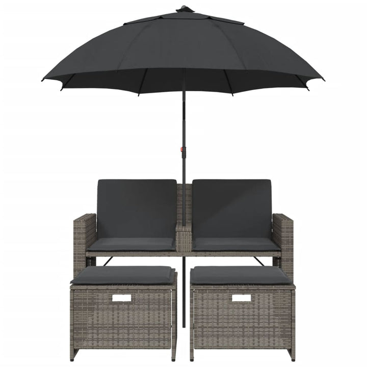 2-personers havesofa med parasol og skamler polyrattan grå