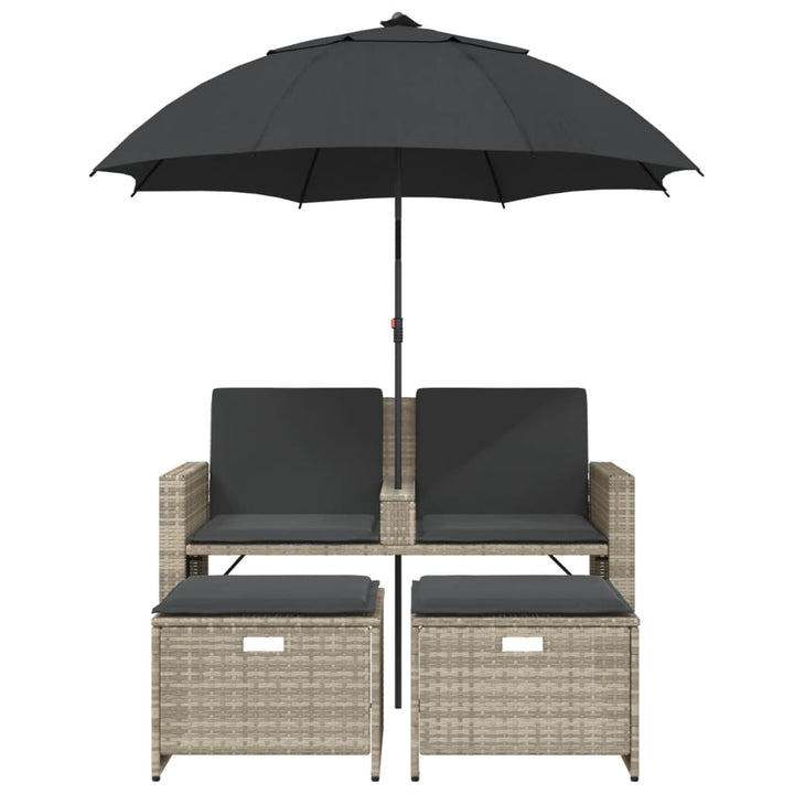 2-personers havesofa med parasol og skamler polyrattan lysegrå