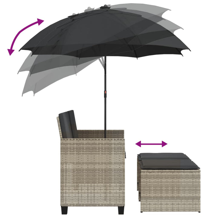 2-personers havesofa med parasol og skamler polyrattan lysegrå