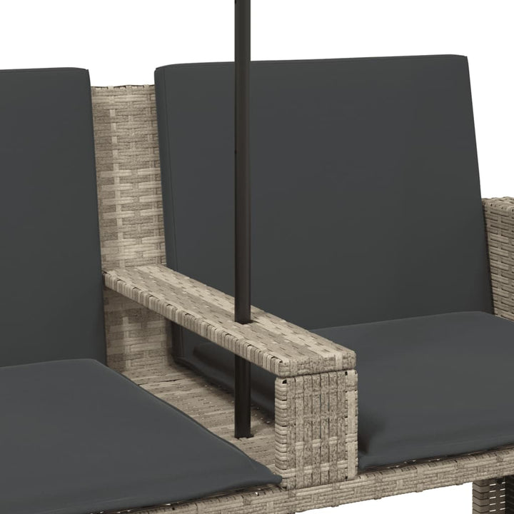 2-personers havesofa med parasol og skamler polyrattan lysegrå
