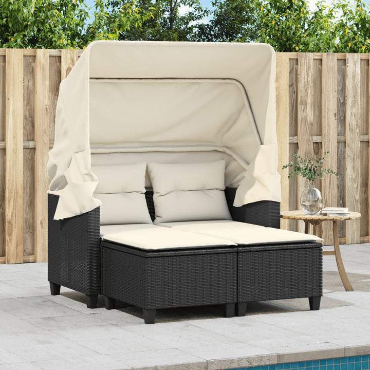2-personers havesofa med baldakin og skamler polyrattan sort