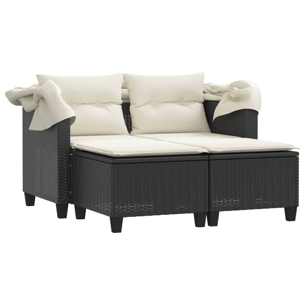 2-personers havesofa med baldakin og skamler polyrattan sort
