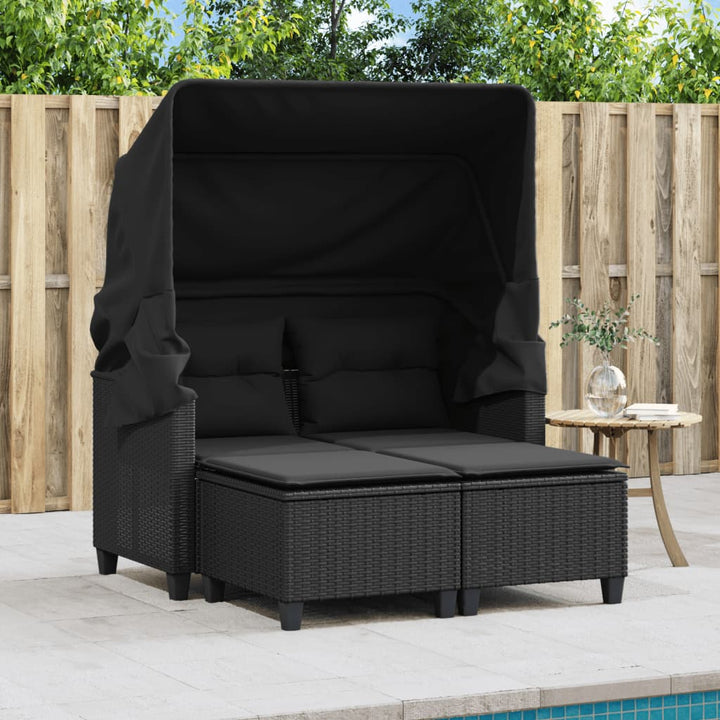 2-personers havesofa med baldakin og skamler polyrattan sort