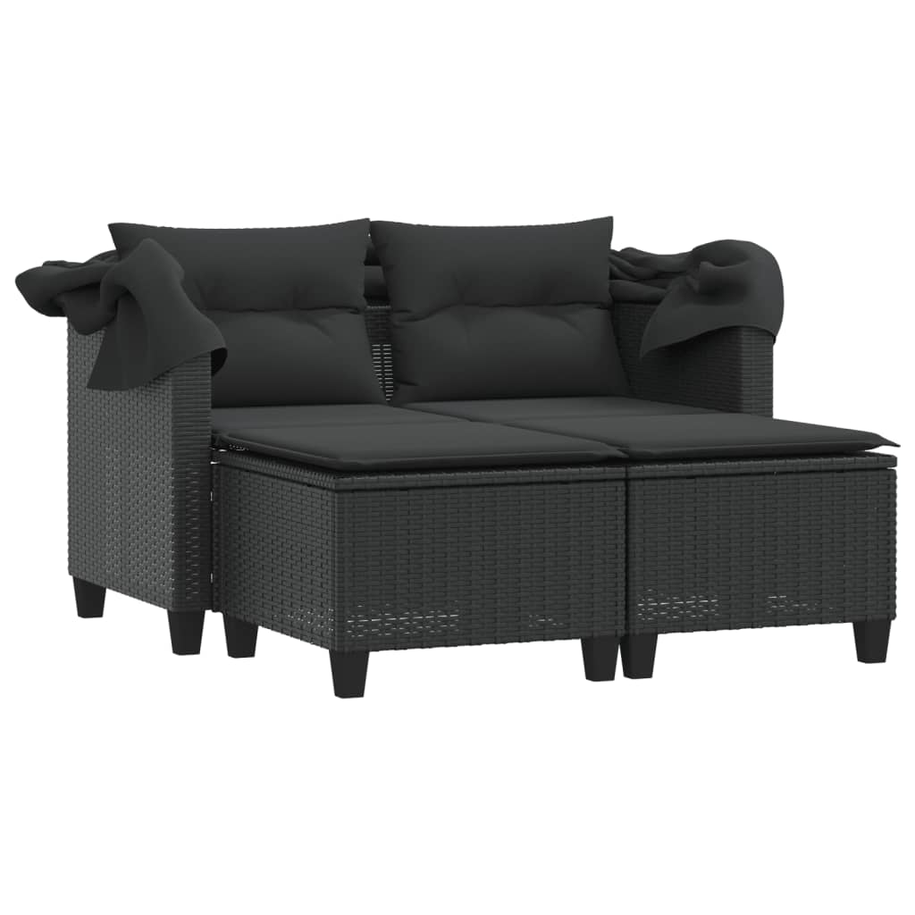 2-personers havesofa med baldakin og skamler polyrattan sort
