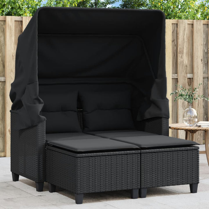 2-personers havesofa med baldakin og skamler polyrattan sort