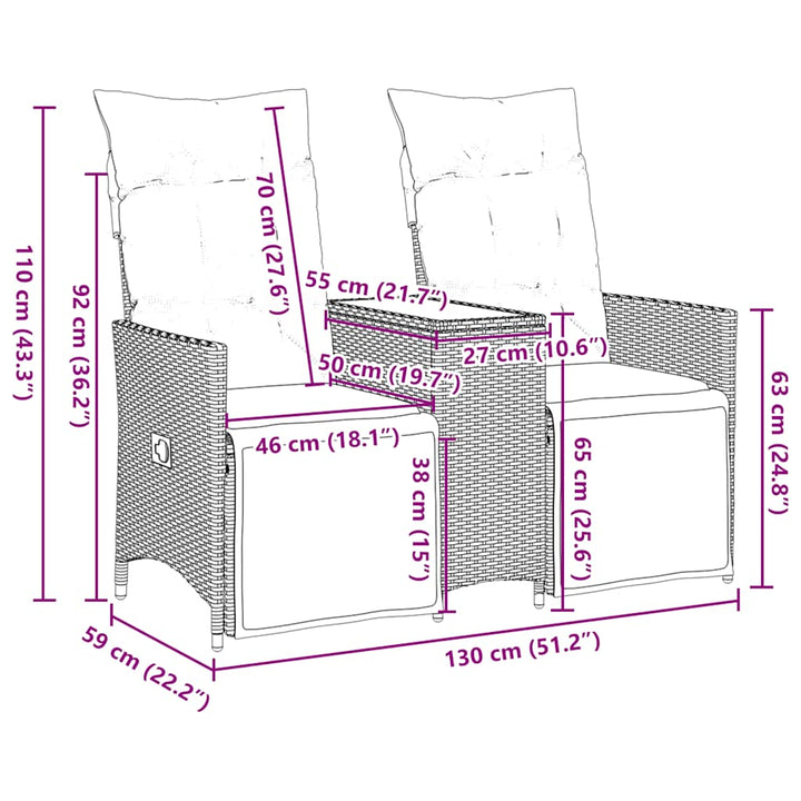 havesofa med 2 siddepladser og bord grå polyrattan