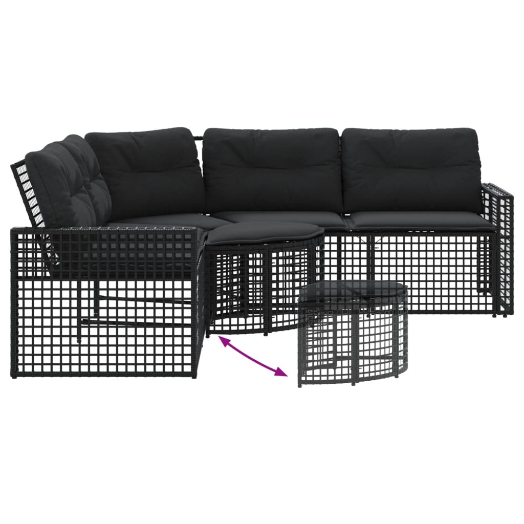 havesofa med hynder og fodskammel L-formet polyrattan sort