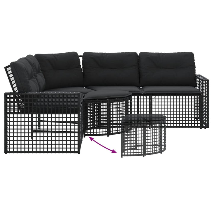 havesofa med hynder og fodskammel L-formet polyrattan sort