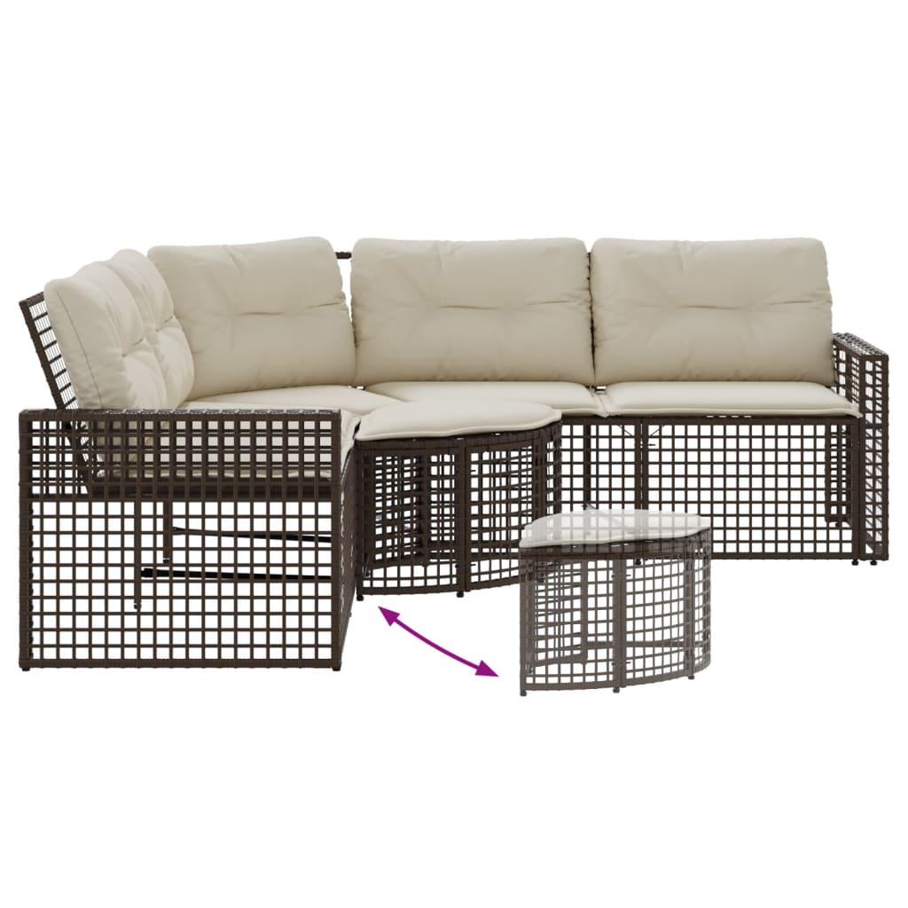 havesofa med hynder og fodskammel L-formet polyrattan brun