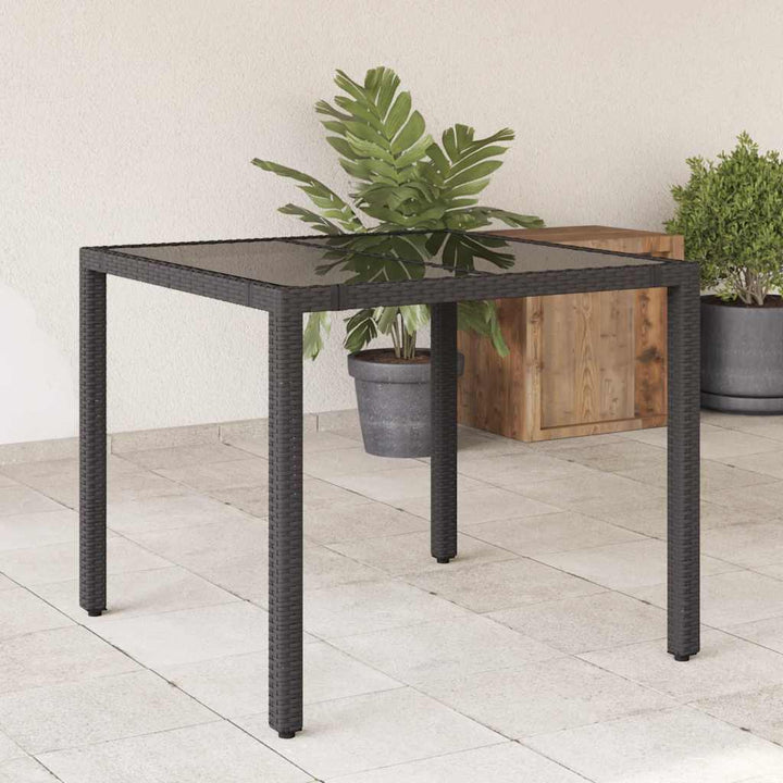 havebord med glastop 90x90x75 cm polyrattan sort