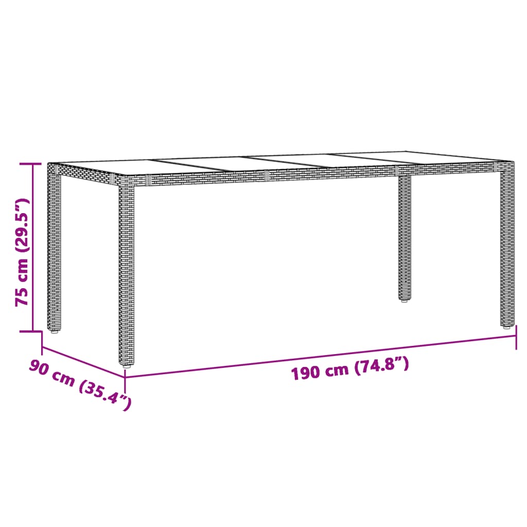 havebord med glastop 190x90x75 cm polyrattan brun